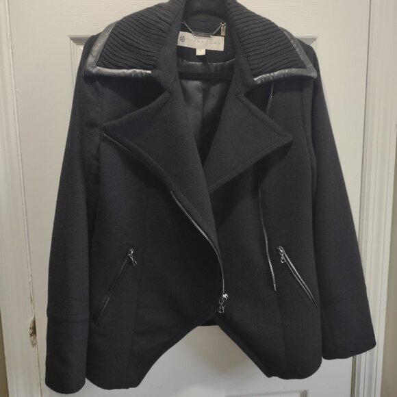 Trina Turk Jackets & Blazers - Trina Turk wool moto winter coat - faux leather - sweater trim - EUC - size 10